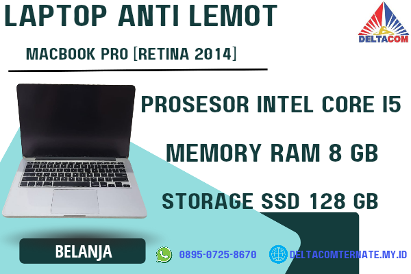 MACBOOK PRO RETINA 2014 , TYPE BARU BODY SLIM, PROSESOR INTEL CORE I5 MEMORY RAM 8 GB STORAGE SSD 128 GB DISPLAY 14 INCH MULUS , WARNAH SILVER, LECE